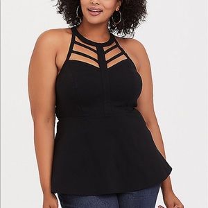 Nwt Torrid Black caged high neck Peplum Top
